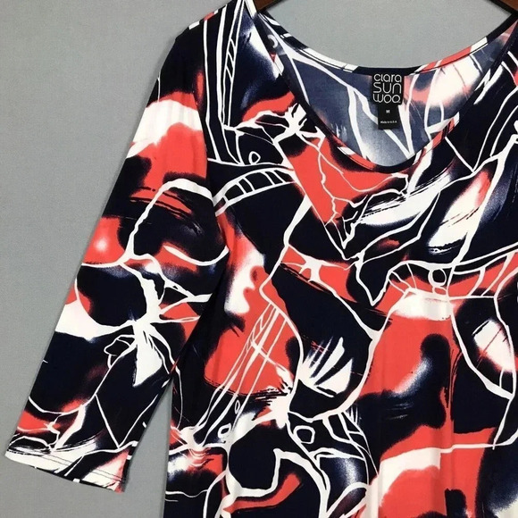 Clara Sun Woo Tunic Top Women Size Medium M Slinky Print 3/4 Sleeve Asymmetrical - Picture 6 of 13